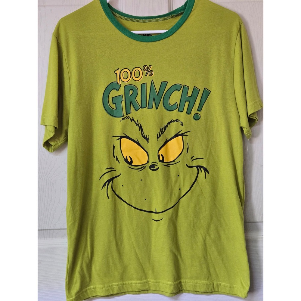 Dr Seuss The Grinch Graphic Ringer T-Shirt Lime Green Mens Small 100% Grinch